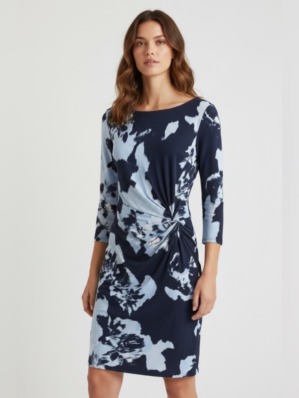 INC International Concepts Blue Ruched Abstract Dress 3/4 Sleeve S - Picture 1 of 9
